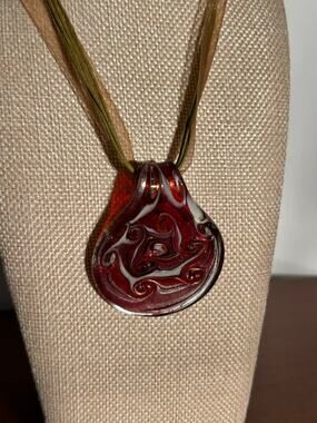 Artisan Lampwork Glass Pendant Necklace Orange Silver White Ribbon Cord
